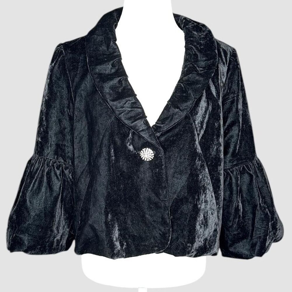 Vintage black velvet ruffled puff sleeve cropped jacket.